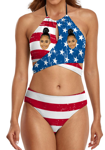 Tweedelige op maat gemaakte badpakken met vlag van de VS en sexy gepersonaliseerde aanpasbare badkleding voor dames