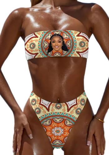 women's sexy face print strapless customized swimwear two piece custom picture swimsuit