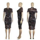 Women's See-Through Mesh Print Short Sleeve dress straps basic dress Sexy Two-Piece set