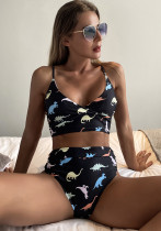 Schwarzer V-Ausschnitt, Cartoon-Dinosaurier-Druck, V-Ausschnitt, hohe Taille, sexy zweiteiliger Bikini-Badeanzug