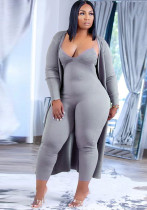 Plus Size Women's Set High Stretch Knitting Ribbed Tight Fitting Jumpsuit Coat Two-Piece Set