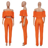 Conjunto de dos piezas de pantalones de pierna ancha con top corto con hombros descubiertos y volantes plisados ​​para mujer