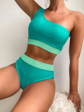 Color Block One Shoulder High Waist Sexy Two Pieces Bikini Swimsuit