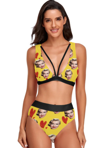 sexy v-neck high waist custom made bikini women's Personalized face print two piece customizable swim suits