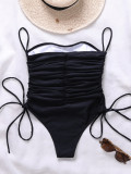 Traje de baño sexy de una pieza sin tirantes negro para mujer con correas laterales