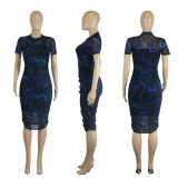Women's See-Through Mesh Print Short Sleeve dress straps basic dress Sexy Two-Piece set