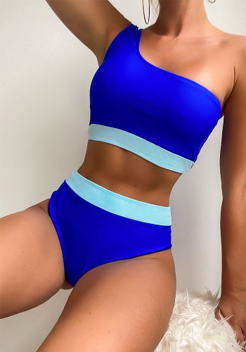 Traje de baño de bikini de dos piezas sexy con cintura alta y un hombro con bloque de color