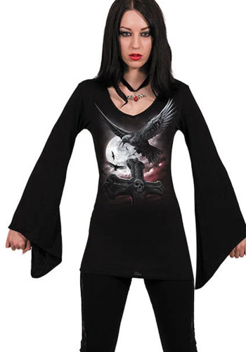 Women's Spring Summer Ladies Gothic Long Sleeve Round Neck T-Shirt