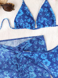 Triangle Cup Lace-Up Sexy Bikini Dreiteiliger Badeanzug mit Blumenmuster