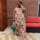 Plus Size Women's Summer Floral print Sleeveless Slash Shoulder Maxi Dress