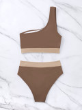 Color Block One Shoulder High Waist Sexy Two Pieces Bikini Swimsuit
