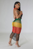 Vestido de playa ahuecado largo tejido color block para mujer