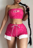 Chaleco corto hueco estampado sin tirantes, pantalones cortos con cordón de cintura alta, conjunto de dos piezas de moda para mujer
