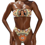 women's sexy face print strapless customized swimwear two piece custom picture swimsuit