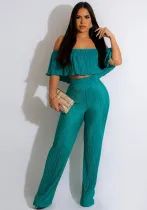 Women's Pleated Ruffle Off Shoulder crop top Wide Leg Pants two piece Set