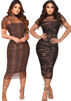 Damen-Kleid mit durchsichtigem Mesh-Print, kurzen Ärmeln, Trägern, Basic-Kleid, sexy, zweiteiliges Set