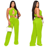 Sleeveless solid Halter Neck top Two Piece Casual Women's pants set