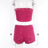 Chaleco corto hueco estampado sin tirantes, pantalones cortos con cordón de cintura alta, conjunto de dos piezas de moda para mujer