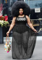 Customize Plus Size Women Mesh Beaded Loose Dress