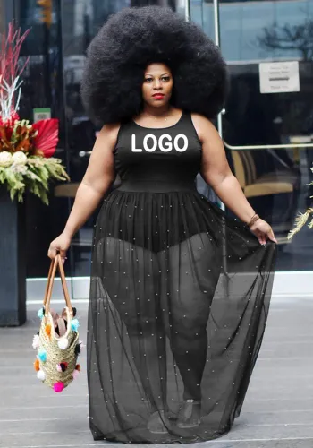 Customize Plus Size Women Mesh Beaded Loose Dress