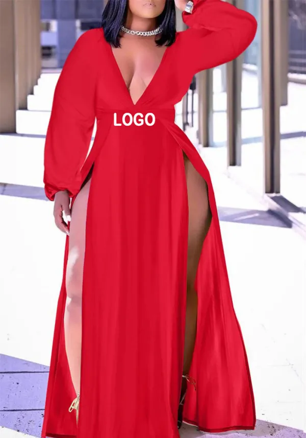 Customize Women Long Sleeve V Neck Long Sleeve Dress
