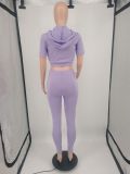 Women Solid Zipper Hooded Short Sleeve Top + Trousers Two Piece Set