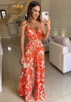 Women Camisole Sexy Holidays Deep V Neck Printed Top and Trousers Two-Piece Set