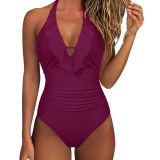 Traje de baño de una pieza sexy de color sólido para mujer