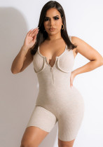 Moda sexy casual sin mangas con cuello en V cremallera sin espalda apretado mono de color sólido