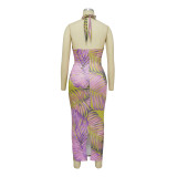 Women's Sexy Sleeveless Lace-Up Low Back Dress Slit Print Maxi Dress