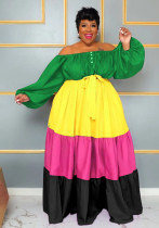 Farbblock-Rundhalsausschnitt, langärmliges, plissiertes, lockeres Damenkleid in Übergröße