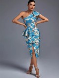Summer Fashion Sexy Chic Jacquard One Shoulder Short Gown High End Dress