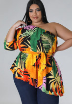 Summer Printed Plus Size Ladies One Shoulder Long Sleeve Lace Up Top