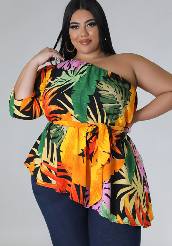 Summer Printed Plus Size Ladies One Shoulder Long Sleeve Lace Up Top