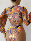 Traje de baño de bikini de dos piezas con estampado multicolor de manga larga con cordones en V profundo para mujer