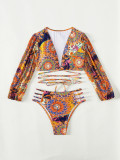 Traje de baño de bikini de dos piezas con estampado multicolor de manga larga con cordones en V profundo para mujer