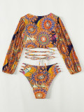 Traje de baño de bikini de dos piezas con estampado multicolor de manga larga con cordones en V profundo para mujer