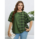 Summer Green Round Neck Plaid Casual Top