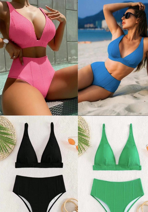 Traje de baño femenino de bikini de triángulo sexy de dos piezas de color sólido