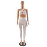 Women's Solid Color Slash Shoulder Cutout Tank Top + Pants Sports Two-Piece Set