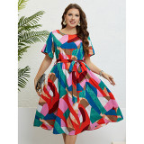 Summer Lace-Up Slim Waist Patchwork Multi-Color Dress Women