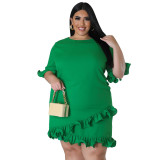 Plus Size Women's Fashion Fit Round Neck Solid Ruffle Casual Dress