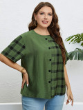 Summer Green Round Neck Plaid Casual Top