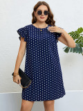 Women's summer polka dot lotus leaf edge dark blue dress