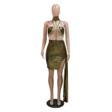 Vestido sin mangas transparente sexy irregular delgado de moda con cuello halter
