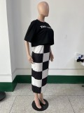 Spring/Summer Black And White Gingham Print Casual Two-Piece Skirt Set