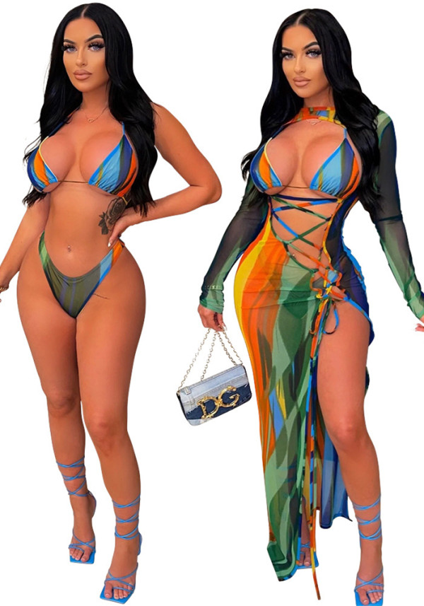 Traje de baño de tres piezas estampado Bikini sexy con cordones y espalda baja para mujer con cubierta transparente