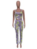 Summer Fashion Ladies Sexy Sleeveless Positioning Digital Printing Ribbed Two-Piece Set