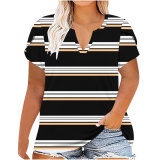 V-Neck Plus Size Ladies Short Sleeve T-Shirt Printed Top