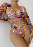 Traje de baño de bikini de dos piezas con estampado multicolor de manga larga con cordones en V profundo para mujer